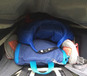 Top down view of packed hiking pack